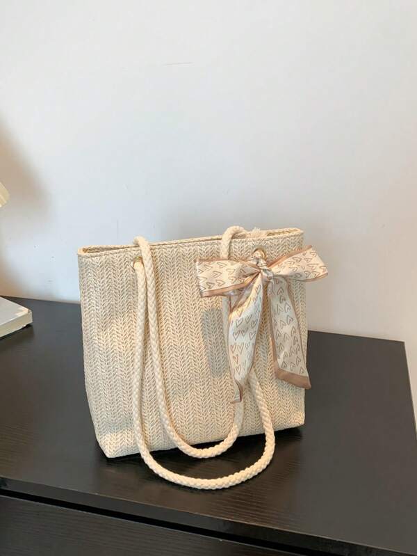 Women's New Fashionable Weaved Large Capacity Tote Bag, Minimalist Simple Silk Scarf Decor