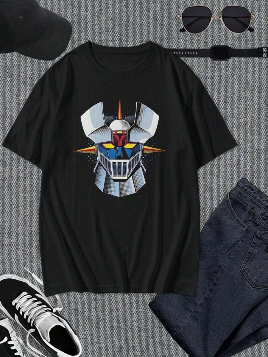 Camiseta gráfica con cabeza de Mazinger Z - Camiseta para hombre y mujer inspirada en el anime - Estilo vintage retro - Mezcla de algodón suave - Regalo perfecto para otakus y padres - Negro - Ver 1