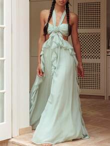 Womens Boho Maxi Dress Y2k Backless Cutout Ruffle Flowy Long Dresses Strapless Beach Party Sundress - Màu xanh lam - Xem 4