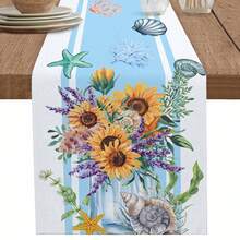 夏季向日葵蓝色条纹海星贝壳海洋花桌旗梳妆台围巾餐桌装饰可水洗厨房餐桌旗节日派对装饰 - 彩色 - 查看 1