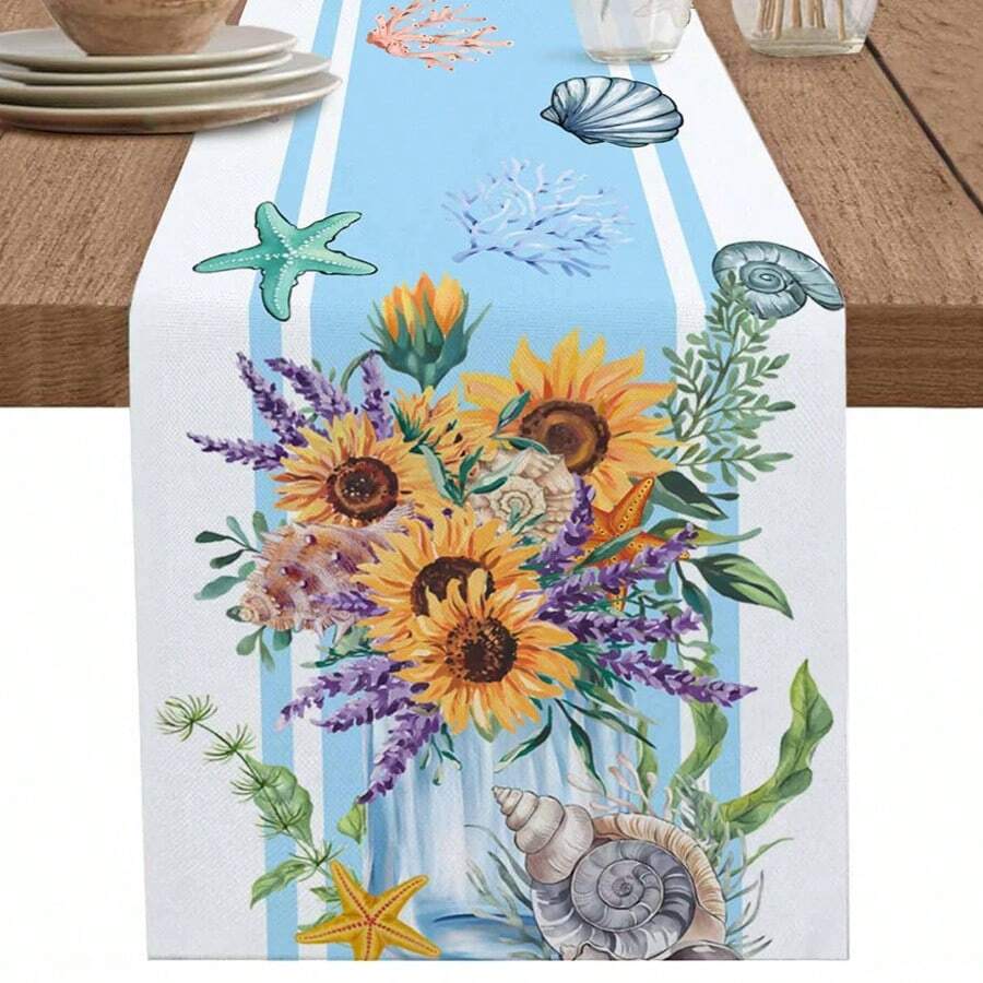 夏季向日葵蓝色条纹海星贝壳海洋花桌旗梳妆台围巾餐桌装饰可水洗厨房餐桌旗节日派对装饰 - 彩色 - 查看 1