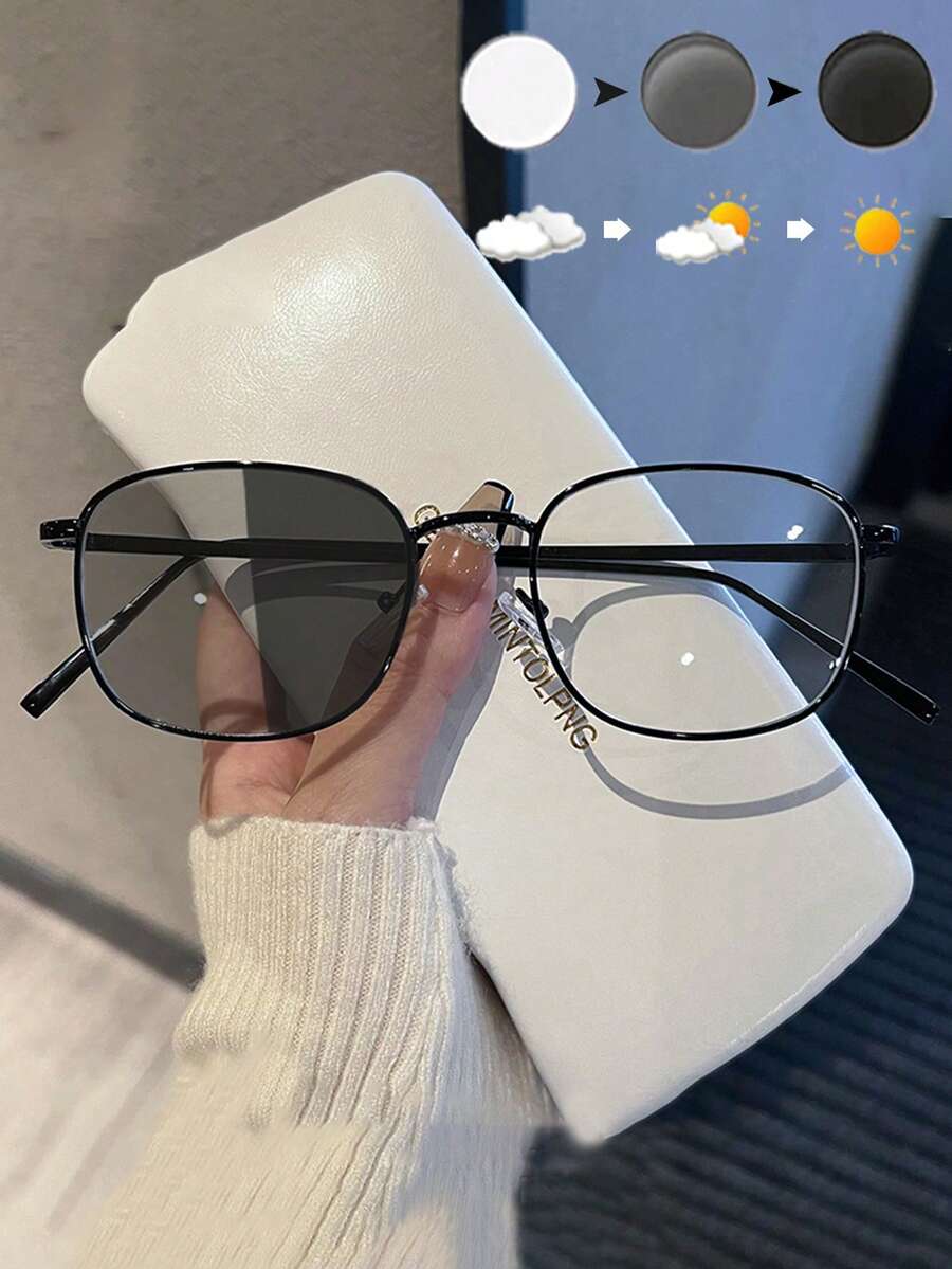 一副Y2K风格方形镜框变色眼镜，男女通用，透明镜片电脑眼镜，时尚女士配饰，附赠眼镜盒和清洁布 - 彩色 - 查看 1