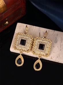 1 Pair Morocco Square Carved Dangle Earrings With Water Drop Pendant, Handmade French Hook Design, Women's Birthday Party Jewelry Gift