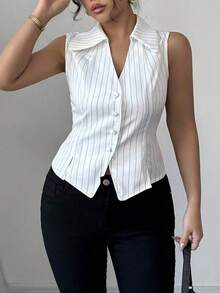 条纹印花前扣不对称下摆无袖上衣 - 白色 - 查看 5