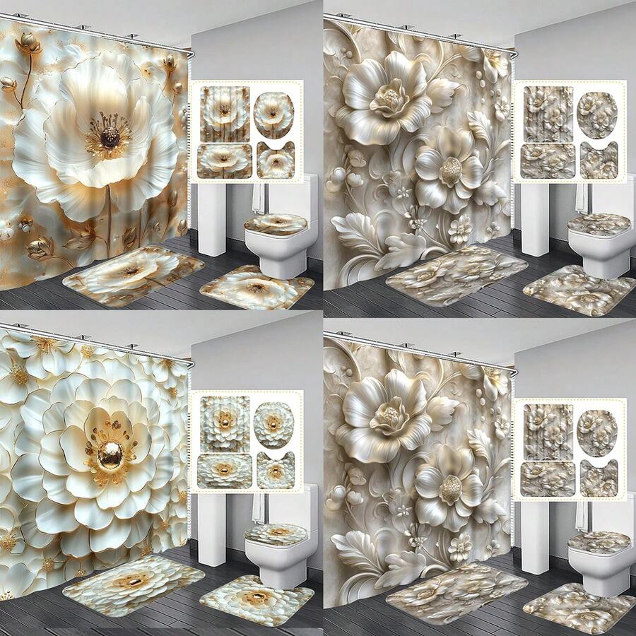1pc/4pcs Premium 3D Embossed Floral Bathroom Curtain & Mat Set, Modern Minimalist Shower Curtain 70.8x70.8in With 12 Hooks, Non-Slip Bath Mat, U-Shaped Toilet Lid Cover, Bathroom Decor, Bath Accessories, Home Furnishing Christmas Decor