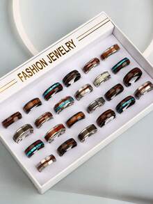 10 件/包复古闪亮多色贝壳和木纹不锈钢戒指，精致男士配饰，适合日常、节日、派对、生日、周年纪念礼物