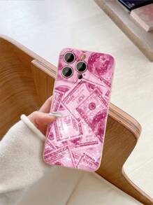 1pc Banknote Pattern Pink Edge Matte Lens Protection Anti-Fall Phone Case Compatible With Samsung//Redmi/VIVO/OPPO