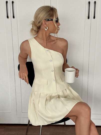 夏季女士优雅单肩无袖纽扣前上衣和褶皱迷你裙套装约会派对晚礼服时尚服装