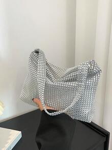 In Stock 2025 New Cross-Border Imitation Net Rhinestone Knotted Armpit Crescent Bag, Rhinestone Embellished Shoulder Sling Party & Evening Bag - Silver - View 2