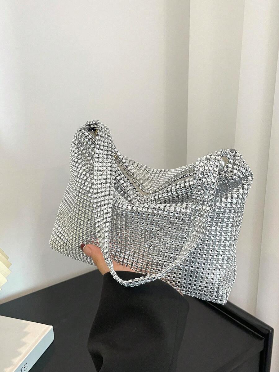 In Stock 2025 New Cross-Border Imitation Net Rhinestone Knotted Armpit Crescent Bag, Rhinestone Embellished Shoulder Sling Party & Evening Bag