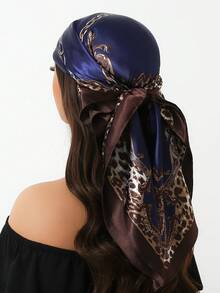 1 件 90*90 厘米时尚防晒围巾，穆斯林头巾，户外防风防沙披肩，男女通用空调房围巾，薄款，链条花卉印花，彩色蓝绿方形头巾 - A - 查看 5