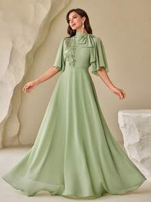 Women's Solid Color Ribbon Collar, Swing Floral Front Elegant Long Sleeve Dress Summer Vacation - Green - View 4