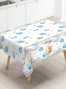 1pc 220*130CM Cartoon Blue Bear Pattern Disposable Tablecloth Table Cover,We Can Bearly Wait Babe Shower Decor Table Cover Happy Birthday Party Decorations Wedding Accessories,Home Party Supplies Background Table Flag
