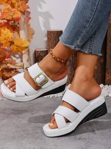 Sandales à bout ouvert avec semelle épaisse et croisillon pour femmes, couleur unie style bohème preppy académique de villégiature, design innovateur mode casual sexy avec décoration boucle, plateforme compensée. Idéal pour les vacances, les mariages, le campus, les fêtes, le bureau et l'extérieur en été.