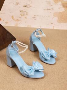 Sandalias de tacón alto con estilo francés para mujer con tacón de 2,95 pulgadas de grosor, tacones altos de moda versátiles con punta cuadrada, decoración de lazo, punta redonda, color azul para vestido, hebilla con detalles de perlas, cómodos zapatos de tacón sin cordones, adecuados para tallas de la 35 a la 44 de la UE. Elegante y cómodo para uso diario y ocasiones especiales.