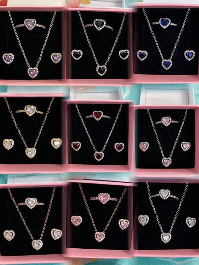 3pcs/Set Original New Heart-Shaped Multi-Color Jewelry Set, Including 1 Pair Silver Earrings, 1 Silver Ring, And 1 Silver Necklace, Made Of Low-Allergy Materials, Adorned With Brilliant Full-Cut Diamonds And Vibrant Red Heart Elements, Minimalist And Elegant Heart-Shaped Diamond Accents, Perfect For Anniversary, Gifting Loved Ones, Parties, And Daily Wear.