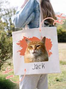 1pc Custom Pet Photo And Name Canvas Tote Bag - Personalized Pet Portrait Bag - Dog Bag For Women - Dog Mom Bag .This Personalized Tote Bag Is Light And Thin. After You've Finished Using It