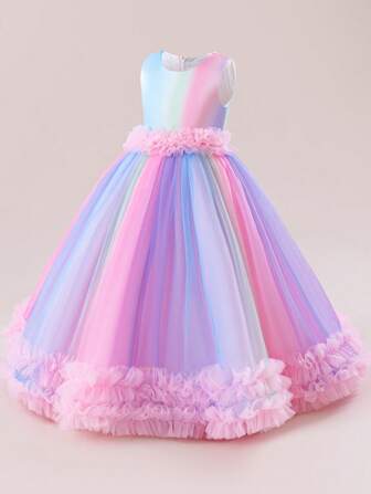 Vestido formal largo de arcoíris para niños, vestido especial para actuaciones, vestido de tul con degradado de color, sin mangas, con lazo, estilo princesa, para fiesta de cumpleaños de niñas, boda como florista, recital de baile, recital de piano