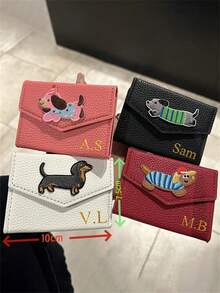 [Customized]Personalized Custom Letter Name Cartoon Dachshund Lychee Pattern Envelope Card Pack Faux Leather Card Storage Bag, Personalized Multi-Card Position, Ultra-Thin And Compact Women's Bag Card Holder - Multicolor - View 2