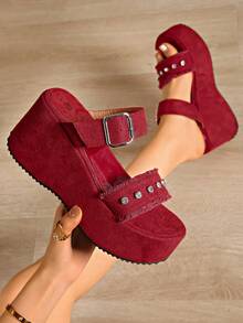 Women's Red Plus Size Thick Bottom Wedge Sandals With Rhinestone Decor, Tassel, Strap Design, Round Toe, Fashion Versatile Waterproof Platform Heels For Summer 2025, Suitable For Dress, Pants, Street And Beach Wear - Red - View 3