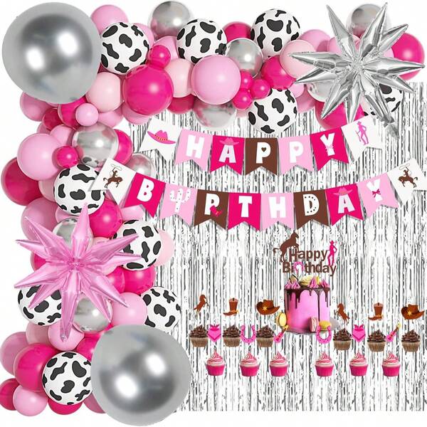 107pcs Western Cowboy Balloon Garland Set, Including Bright Pink, Pink, Silver, Cow Print Latex Balloons And Exploding Star Shaped Foil Balloons, Suitable For Birthday Parties, Retro Cowboy Parties, Bachelorette Parties, Western Cowboy Theme Party Decorations.