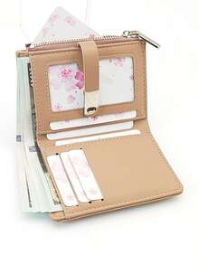 Women Short Contrasting Color Patchwork Wallet, Fashion Woven Texture Multifunctional Card Case Holder Coins Purse, Elegant Snap Closure Young Student Large Capacity Zipper Card Holder, Convenient Lightweight Fashionable Suitable For Holiday Gift - Pink - View 5