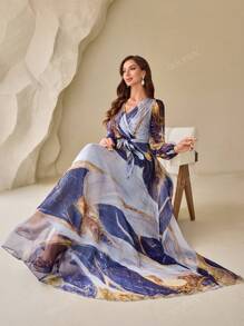 Robe élégante à manches longues en forme de lanterne avec ceinture, col en V, imprimé floral aléatoire et manches bouffantes pour femmes