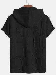 Men's Fashion Personalized Elastic Letter Jacquard Fabric Hoodie With Drawstring And Full Zipper, Simple And Stylish Design Suitable For Casual Daily Wear, Commuting, Streetwear, Holiday, New Summer Short Sleeve Sweatshirt - 黑色 - 查看 2