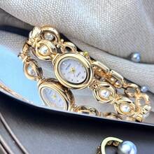 1pc Ladies' Elegant Round Pearl Chain Watch, Oval Metal Case, Fashionable & Graceful Quartz Watch - White - View 5