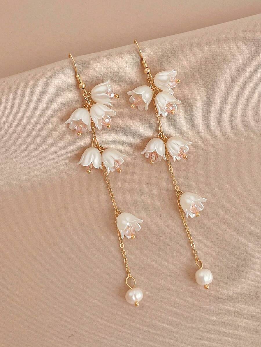 1 Pair Elegant Lily Flower Tasseled Drop Earrings, Floral Dangle Ear Hook
