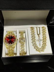 4pcs/Set Men's Watch And Hip Hop Cuban Link Necklace Bracelet Set (No Gift Box) - A - View 8