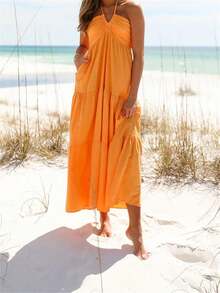 Women Summer Halter Neck Dress Casual Ruffle Hem Solid Color Backless Party Dress For Beach Club Streetwear - 橘色 - 查看 3