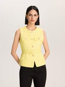 女士休闲通勤奶油黄色纹理腰带背心夹克 - 黃色 - 查看 6