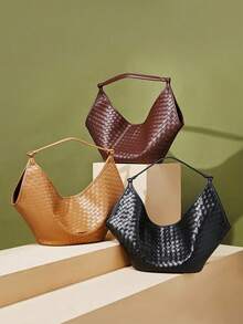 New Premium Leather Large Capacity Tote - Fashionable Cowhide Woven Texture, Perfect For School And Commute Makeup Bag Backpack Women - Brown - View 6