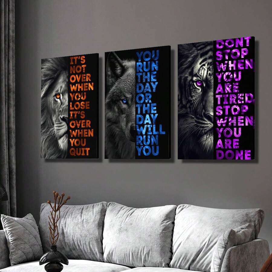1/3 件励志动物主题墙面艺术海报，现代风格墙面艺术，狮子和狼的插图，带有励志名言的墙面艺术，色彩鲜艳、充满力量的帆布艺术品墙画礼物，非常适合办公室、健身房、卧室、客厅、墙壁装饰、家庭和宿舍装饰，无框/有框 - 彩色 - 查看 1