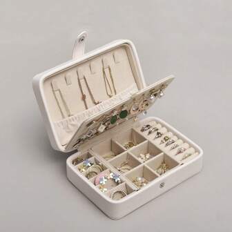 1 件便携式双层珠宝收纳盒-韩版-整理耳环、项链和戒指-PU 皮革桌面收纳盒女士收纳整理器旅行必备品返校