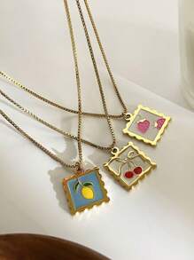 1 pieza Collar con colgante de cereza de fruta linda, collar con colgante cuadrado versátil de fresa colorida o limón de moda para mujer