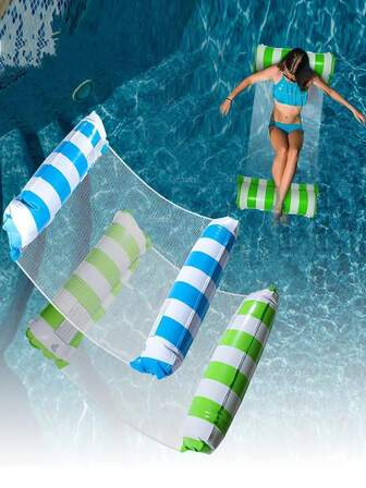 游泳圈、充气浮床、条纹吊床、日光浴床、泳池浮床、泳池水垫、夏季海滩度假配件、海滩必需品