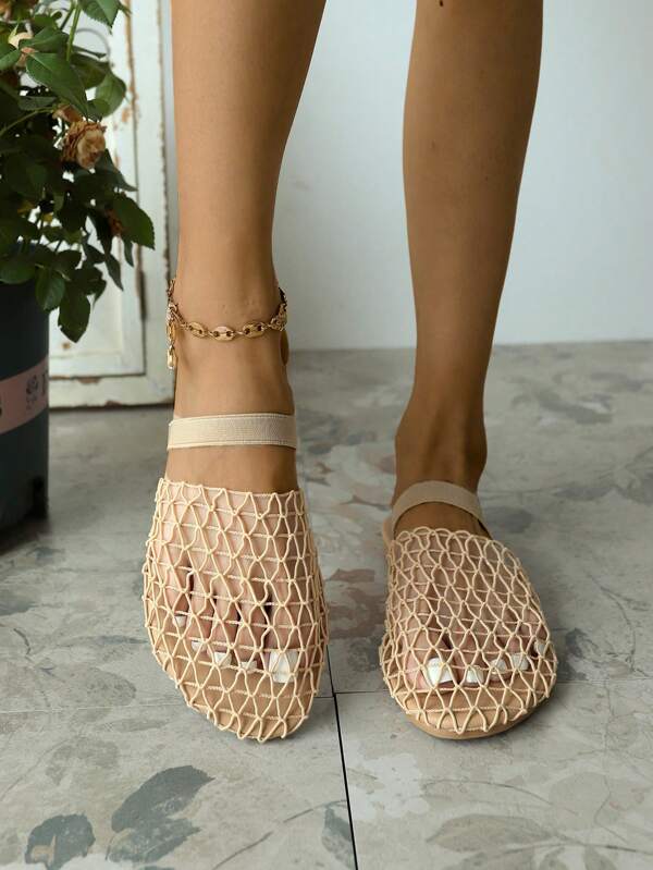 Women's Flat Sandals Hollow Out 2025 New Summer Mesh Beach Vacation Black Apricot Anti-Slip Big Size Slip-On Slippers, Fashion Elegant Gorgeous Music Festival Punk Wild Sexy Shoes