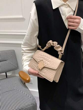 Fashion Solid Color Pleated Handbag, Cloud Bag, Crocodile Pattern, Large Capacity, Suitable For Shopping, Wallet, Shopping, Young Women, College Students, Newbies, White Collars. Suitable For Office, University, Work, Business, Commuting, Outdoor Activities, Travel And Excursions