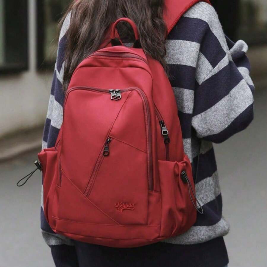 New Style Fashionable Simple Solid Color Casual Backpack For Men And Women, With Large Capacity, Suitable For Students And Travel. - Red - View 1