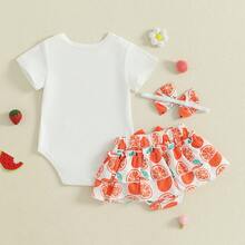 Half Way To One Newborn Baby Girls Birthday Outfits Letter Print Romper Bodysuit Top + Strawberry/Ice Cream/Orange/Watermelon Print Shorts + Bow Headband 3Pcs Clothes Set - 橘色 - 查看 6