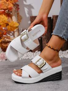Sandales à bout ouvert avec semelle épaisse et croisillon pour femmes, couleur unie style bohème preppy académique de villégiature, design innovateur mode casual sexy avec décoration boucle, plateforme compensée. Idéal pour les vacances, les mariages, le campus, les fêtes, le bureau et l'extérieur en été.