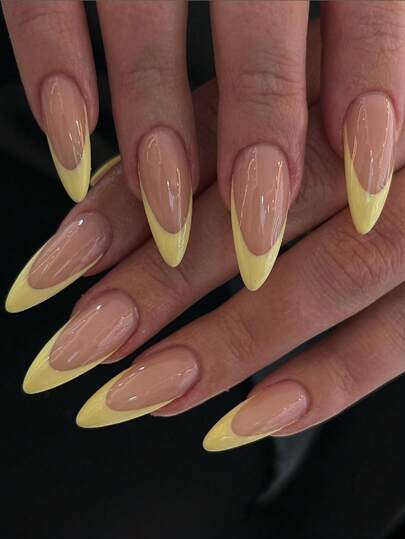 24Pcs Minimalist Almond Shaped Yellow Press-On Nail Tips With Fashionable Design For Enhancing Your Looks, Suitable For Parties, Dates And Everyday Wear Press On Nails Nail Supplies Nails