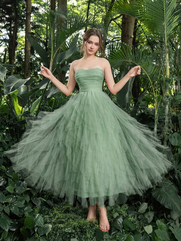 Robe en tulle sans bretelles élégante : froissée devant et volants en cascade pour le bal de promo, les danses - style polyvalent pour les adolescentes et les jeunes femmes, robe de fête, robe de bal
