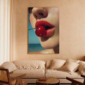 1pc Cherry Lips Retro Women Girl Preppy Wall Art Poster Living Room Bar Cafe Bedroom Office Home Decorative Canvas Painting Optional Frame ,Wall Art With Frame