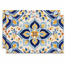 A Set Of 4/6pcs With Blue Patterns, Table Placemats, Made Of Machine Washable Polyester Fiber, This Rectangular Heat-Resistant Placemat Is Heat-Resistant, Stain Resistant, Waterproof, And Easy To Clean. It Is Suitable For Desktop Decoration, Holiday Party Decoration, And Desktop Protection, And Is Suitable For Both Home And Outdoor Use