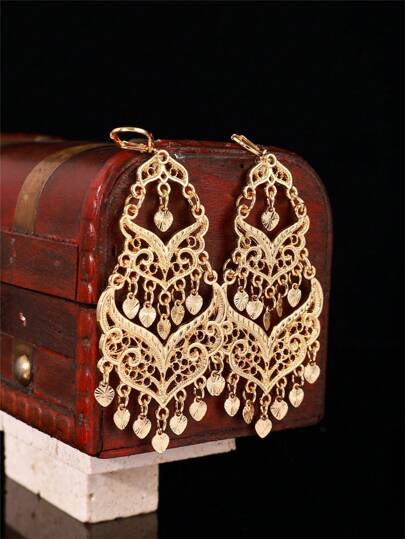 1 par de pendientes vintage franceses de metal hueco con borlas, regalo de joyería de moda para mujeres, adecuado para fiestas y festivales