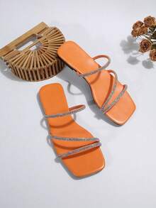 Women's Fashion Rhinestone-Decor Flat Strap Sandals, Versatile For Beach, Dating, Shopping, Party, Business, Summer - Orange - View 7