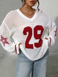 Jersey de punto con cuello en V, calado y contraste de color, talla grande - Blanco - Ver 1